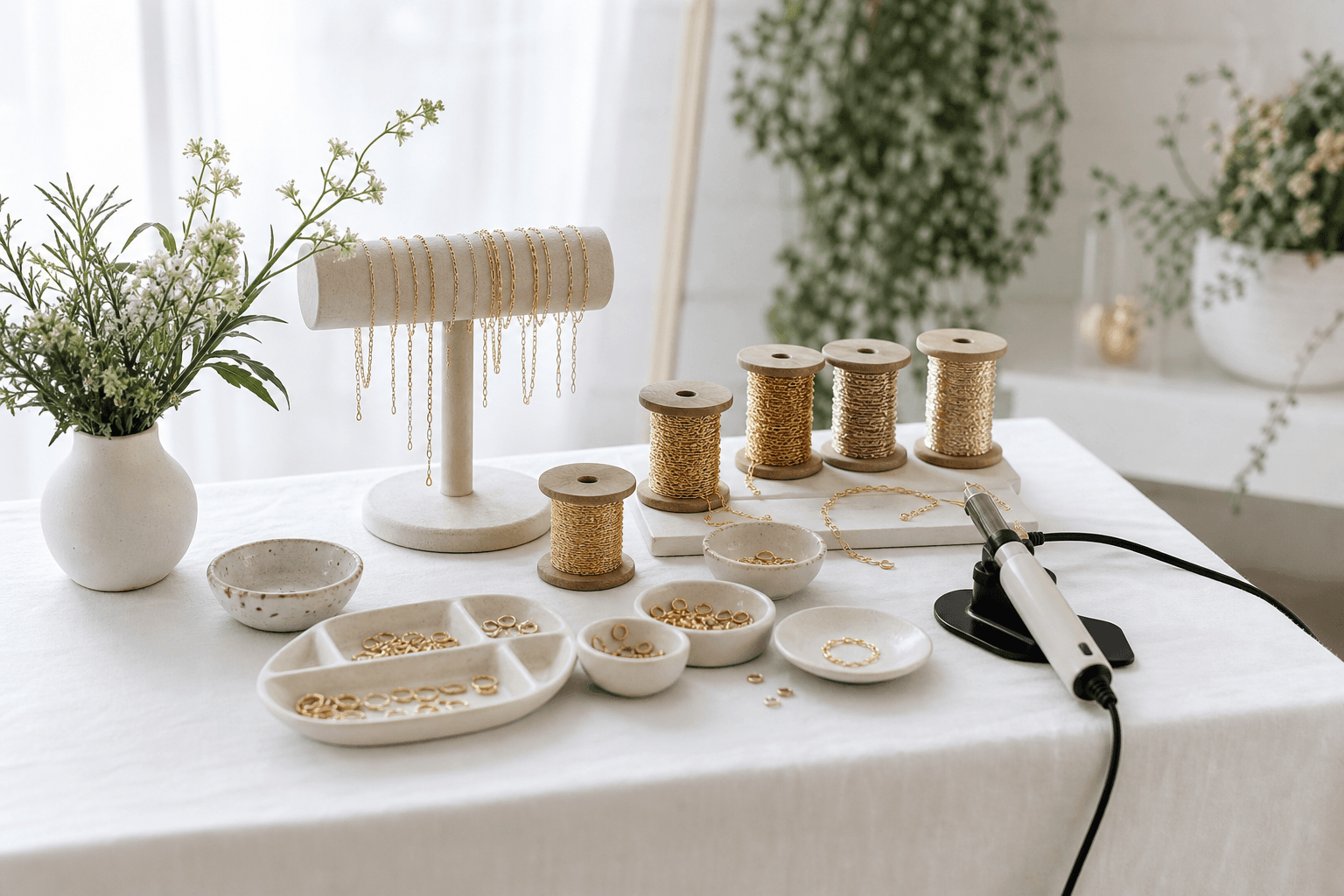 Taylor's permanent jewelry pop-up table with spools of gold chain